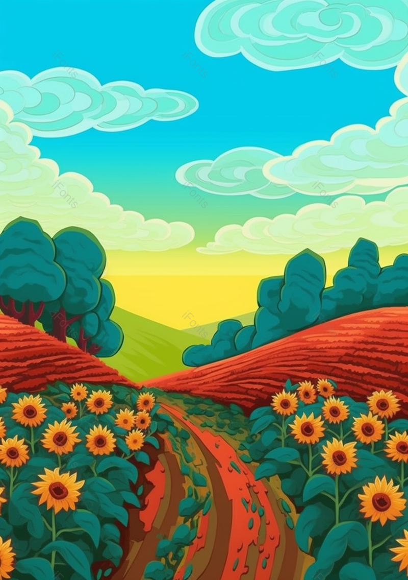 卡通插画蓝天向日葵风景画,插画/手绘图,插画/手绘图库,插画/手绘图下载,插画/手绘